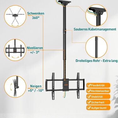 ELIVED Adjustable Ceiling TV Mount for 37-75 inch Flat & Curved TVs - VESA 600x400mm, 50kg Capacity