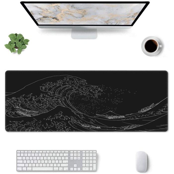 Ігровий килимок для миші Japanisches Gaming-Mauspad, 80 x 30 см, чорний, з гумовою основою, водонепроникний, з прошитими краями, для геймінгу, офісу, дому (Чорна хвиля)