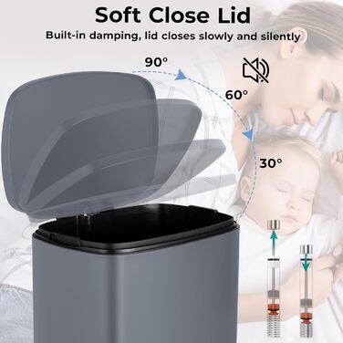 Відро для сміття LIFERUN 30л з кришкою, з м'яким закриттям, сталеве, з внутрішнім відром, для кухні, ванної кімнати, офісу (L-50L, сірий)