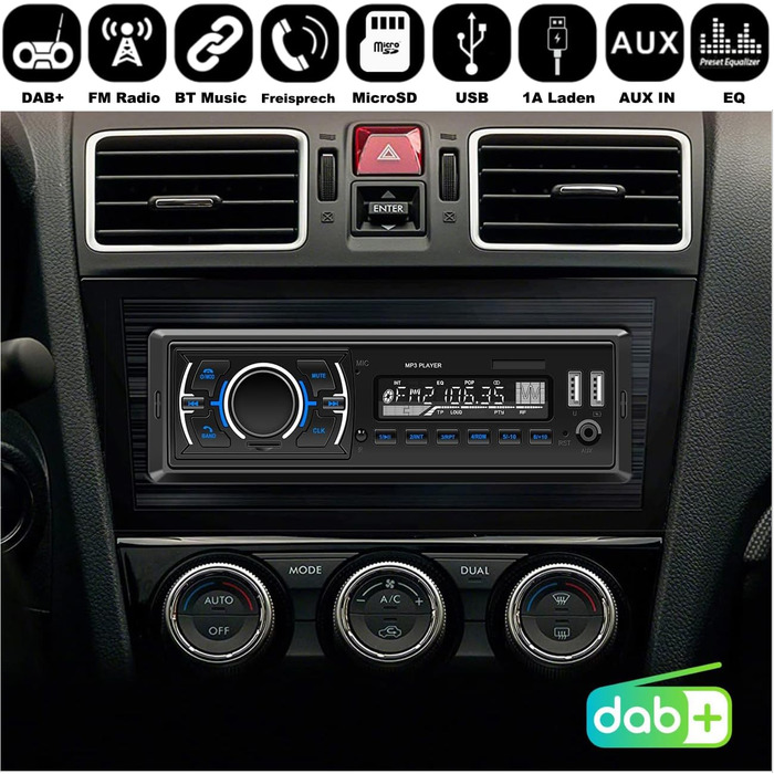 Автомагнітола M.I.C.D3307 з DAB+, Bluetooth, FM-радіо, USB, microSD, AUX, мікрофоном, керуванням з керма, 1 DIN, підтримка MP3/WAV, зарядка смартфона