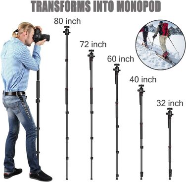 Штатив для камери MACTREM 80' з кульковою головкою 360°, міцний штатив з алюмінію для DSLR, Canon, Nikon, телескоп, з сумкою