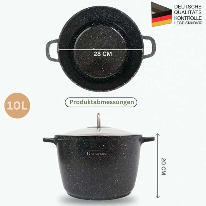Каструля Goldmann 28 см з алюмінію з нержавіючою сталлю (10 л) з силіконовими ручками, антипригарне покриття з мармурової кераміки та скляною кришкою