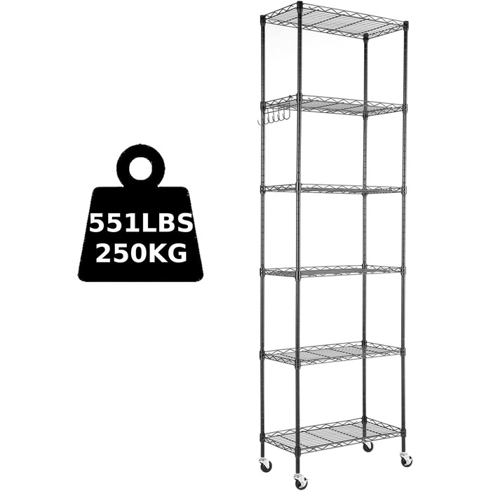 Металевий стелаж для ванної/кухні Himimi Regal, 6 поличок, 54x29x160 см, на колесах, чорний