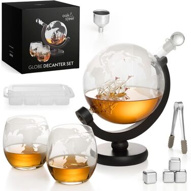 Преміум набір скляної карафи та келихів Globus Whisky від Oak & Steel з картою світу, 1500 мл. Включає 2 келихи, 4 вапнякові камені для віскі та подарункова упаковка.