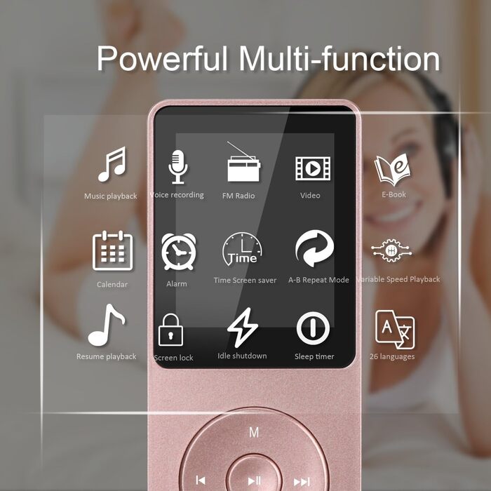 MP3 плеєр AGPTEK 16GB з екраном 1.8 дюйма, 70 годин відтворення, FM радіо, підтримка TF карт до 128GB, рожеве золото
