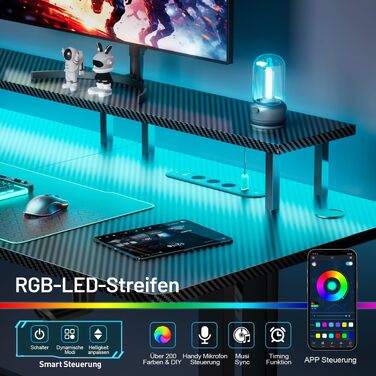 Ігровий стіл HLONONE з LED-підсвіткою та розеткою, 120 x 60 см, комп'ютерний стіл для геймерів, чорний