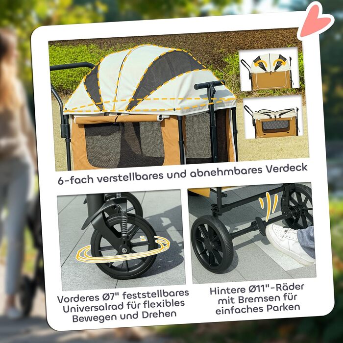 PawHut 2-в-1 візок для собак та котів, розкладний, до 30 кг, з подушкою, сітковими віконцями, 2 дверима, кишенькою для зберігання, коричневий