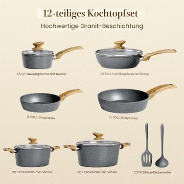 Набір каструль Kitchen Academy Induktion 12 предметів сірого кольору з гранітним антипригарним покриттям (без PFOA/PFOS)