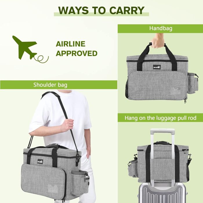 Переносна сумка для собак Pecute, велика переносна сумка для тварин, з 2 кишенями та 2 мисками для собак, сумка для подорожей з собакою, для поїздок, кемпінгу або щоденних прогулянок, сірого кольору 42 * 18 * 30 см, Класична L (42*30*18 см)