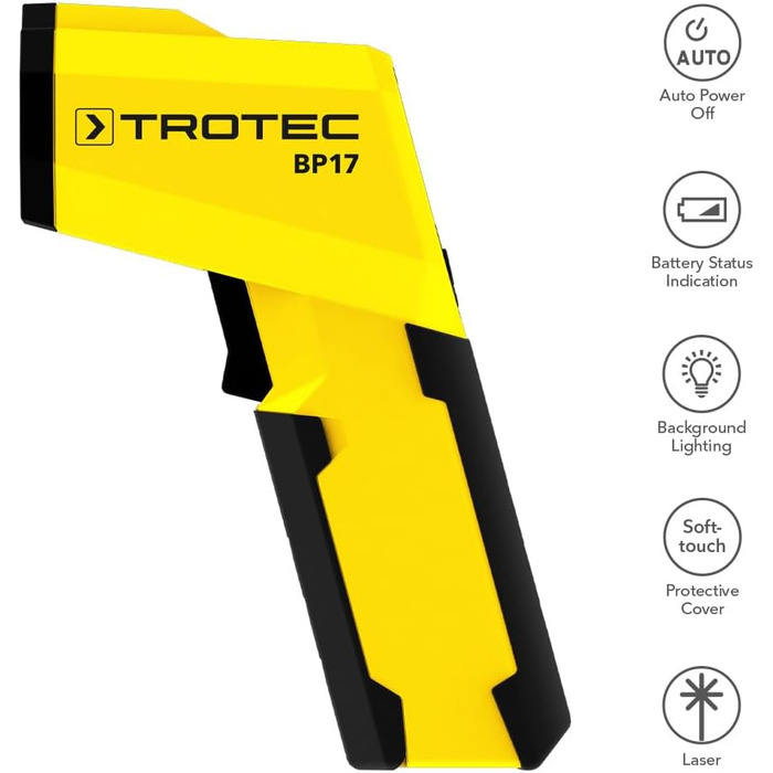 Інфрачервоний термометр Trotec BP21 з лазерним цілевказівником – вимірювання температури від -35°C до +800°C, визначення точки роси, пірометр (-50°C / +380°C)