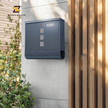 Поштовий ящик Zedelmaier XXL персоналізований з нержавіючої сталі, 35x35 см, 4 ключі, для листів B5/C4, з газетницею, RAL 7016 Антрацит