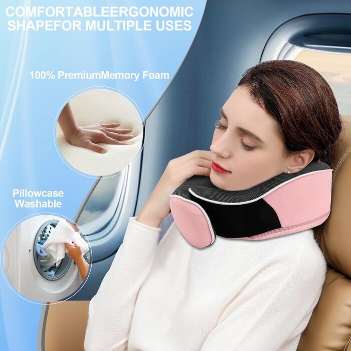 Подушка для шиї з Memory Foam, комплект з маскою для очей, навушниками та чохлом, ергономічна, для подорожей (рожева)