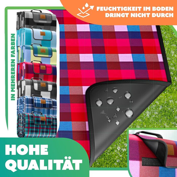 Плед для пікніка KESSER XXL 200x200 см, водонепроникний, з ручкою, червоно-бірюзовий. Плед для кемпінгу, пляжу на 4-6 осіб