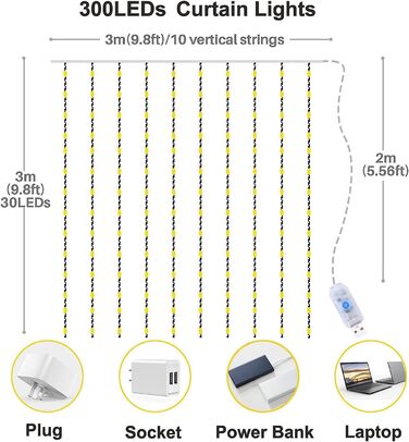 Ланцюжок LED-ліхтарів Yizhet 3x3м, 300 LED, тепле біле світло, IP65, 8 режимів, для декору вечірки, шлюбу, Різдва, тераси (рожевий)
