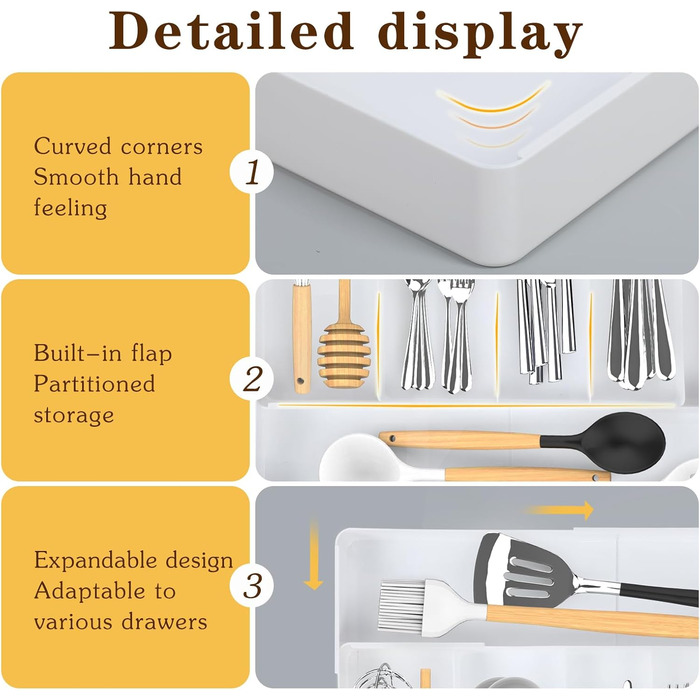 Органайзер для столових приборів в шухляду, розсувний, 27.5-50 см, 3-7 відділень, пластик, для кухні