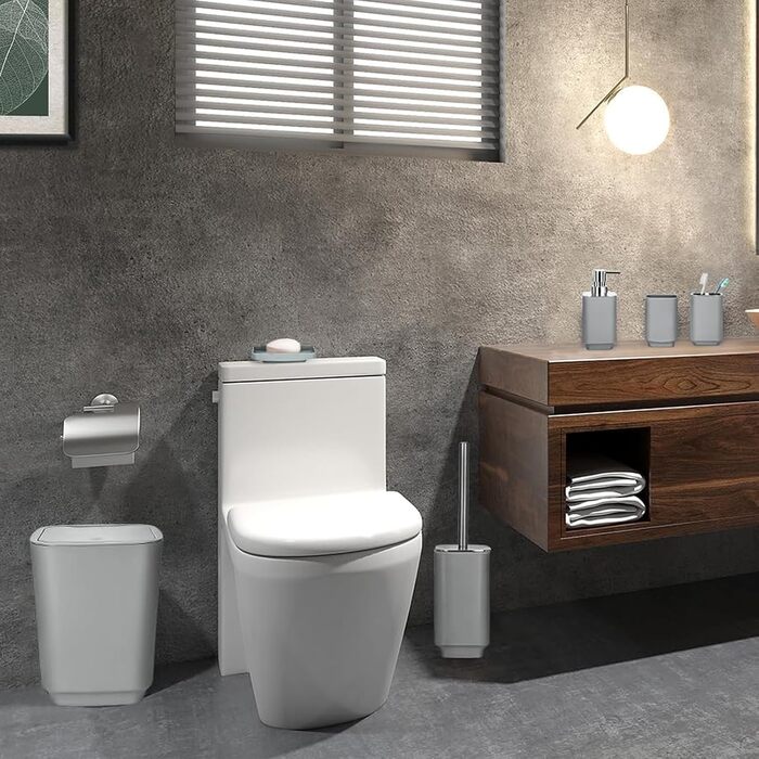 Сучасний набір для ванної кімнати на 6 предметів: мильниця, тримач для зубних щіток, дозатор мила, сміттєвий бак, стаканчик та WC-щітка з пластику та металу (сірий)