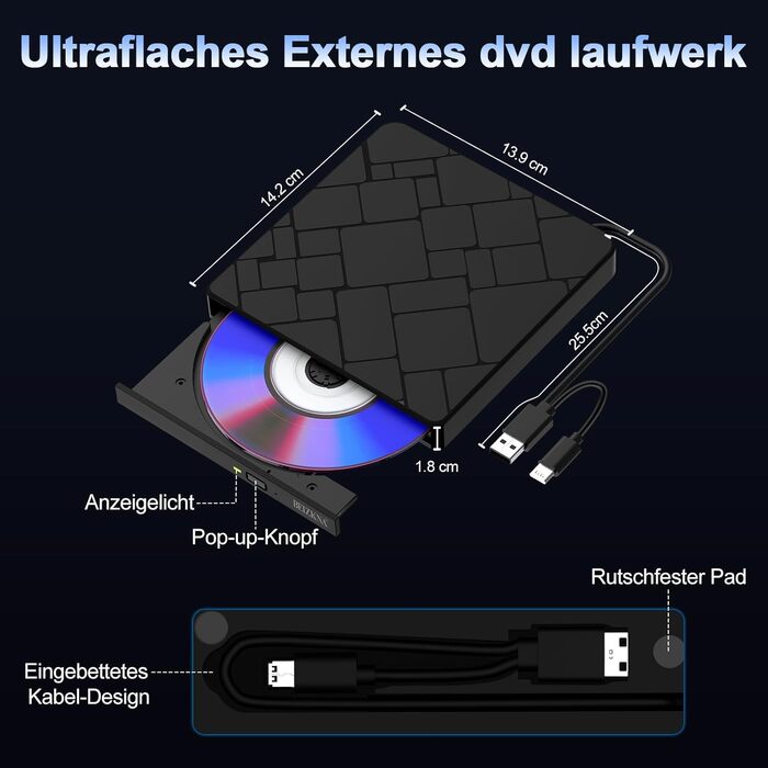 Зовнішній USB 3.0 та USB-C CD/DVD привід-записувач Beizkna, портативний DVD-бренер для ноутбука, ПК, MacBook та iMac, сумісний з Windows 11/10/8/7, Linux та macOS, чорний