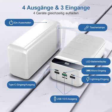 Powerbank 60000mAh з LED-дисплеєм, 22,5W PD USB-C, 4 виходи та 3 входи, сумісний з iPhone, Android та іншими пристроями (білий)