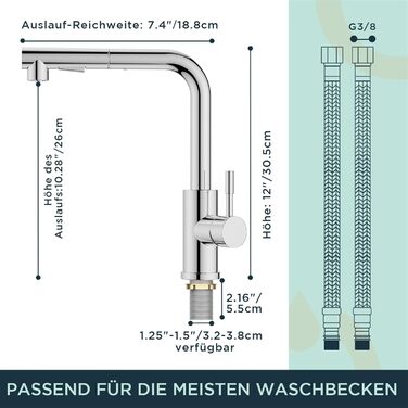 Змішувач для кухні FORIOUS з висувною лійкою та душем, 360° обертання, 2 режими, полірована хром
