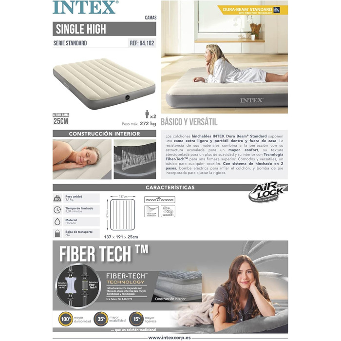 Надувний матрац Intex Dura-Beam Double - двоспальний, 137x191x25 см, PVC, для 2 осіб