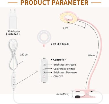 iZELL LED лампа для читання з гнуким світильником 40см, 10 рівнів яскравості, USB-зарядка, рожевий колір