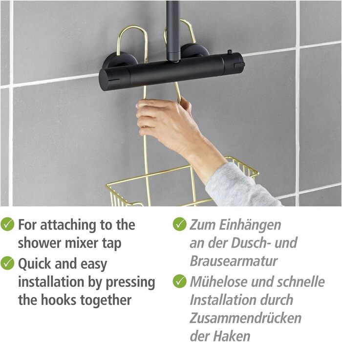 WENKO Thermostat Shower Caddy Model Milo, 2 Tiers, Shower Shelf for Hanging on the Faucet, Stainless Steel (Rustproof) Shelf, 25 x 55 x 14 cm, Gold
