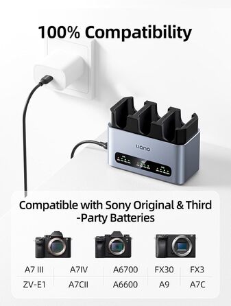 Зарядний пристрій LLANO 30W NP-FZ100 для камер Sony (A7III, A7IV, A6700, FX3, FX30, A9, A7C, A7CII, A7RV, A7RIII, A6600, ZV-E1, ZV-E10II, A1, FX2) з USB-C та LED дисплеєм, алюмінієвий корпус