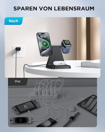 Бездротовий зарядний пристрій MagSafe 3-в-1 для iPhone: зарядка для Apple Watch та AirPods, сумісний з iPhone 16/15/14/13/12 (Білий/Чорний)