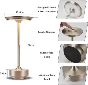 Настільна лампа бездротова LED з сенсорним керуванням, диммуванням та USB зарядкою, нікель, 2 шт. для вітальні, спальні, дитячої кімнати