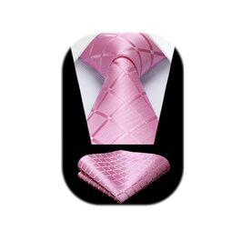HISDERN Комплект краватки та нагрудного хустинки в клітинку для чоловіків (K Рожевий)