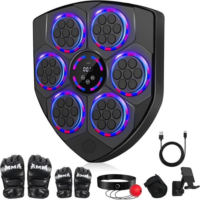 Музична боксерська машина Joellfuner з LED-підсвічуванням, 9 швидкостей, 5 рівнів гучності, режим підрахунку ударів, настінна ціль для тренувань у домашньому фітнес-залі