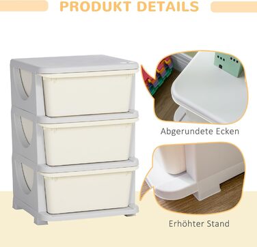 HOMCOM Kids' Storage Drawer Cabinet with Storage Boxes, Toy Organizer, Toy Chest, Three Tiers for Kids' Rooms, 3-6 Years, Children's Furniture, 37 x 37 x 56.5 cm (37L x 37W x 56.5H cm, Cream White)