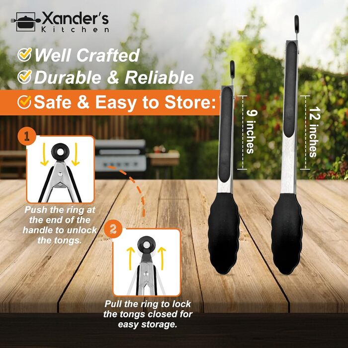 Кухонні щипці Xander's Kitchen 22,9 см і 30,5 см, 2 шт., з силіконовою ручкою, антипригарні, для пасти, салату, м'яса, грилю, подачі