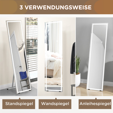 HOMCOM Full-Length Mirror 40x150cm Standing and Wall Mirror with LED Lighting, 3 Light Colors, Touch Switch in White