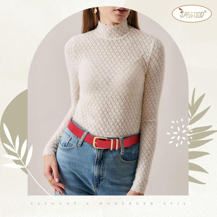 Жіночий шкіряний ремінь JasGood з золотою пряжкою для джинсів, штанів, суконь - червоний колір, розмір S (65-75 см)