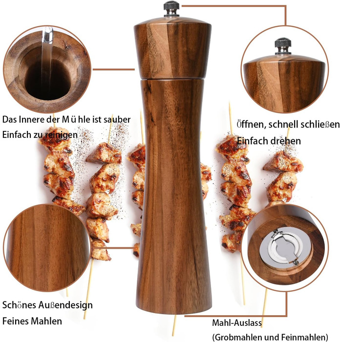 Set of 2 pepper mills made of good wood, salt and pepper mill set, 21 cm length, allows adjustment of the pepper grind, spice grinder with stainless steel core.
