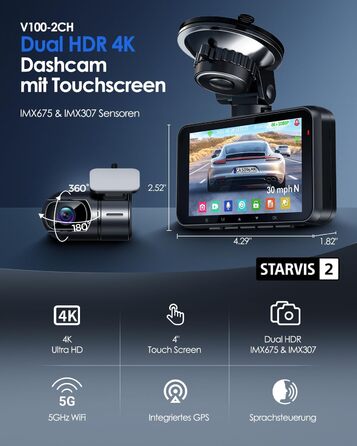 Відеореєстратор HUPEJOS 4K для авто (двоканальний, STARVIS, HDR, GPS, WiFi, нічна зйомка, 64GB карта в комплекті)