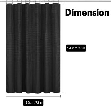 Шторка для душу Waffel 183x198 см - текстильна, поліестер, з магнітною стрічкою та 12 кільцями, непрозора та водонепроникна для ванної кімнати (Чорний, 183x198 см)