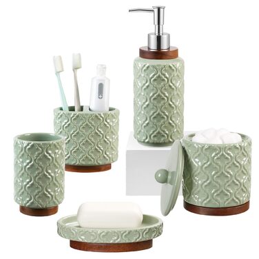 Набір аксесуарів для ванної кімнати керамічний 4 предмети в ретро стилі, дозатор для мила та тримач для зубних щіток, мармур (Зелений, 5 шт.)