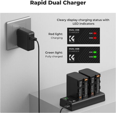 K&F CONCEPT NP-F970: 2 акумулятори 6600mAh та LED-зарядний пристрій (сумісний з Sony NP-F550, F570, F750, F770, F930, F950, F960, F970) для LED-ліхтів, моніторів та камер