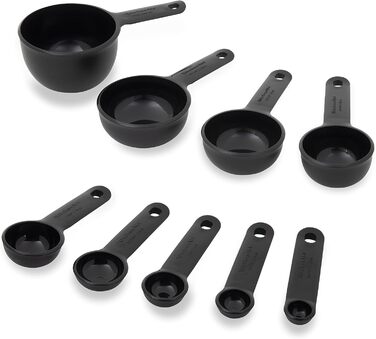KitchenAid Universal Measuring Cup and Spoon Set, 1/4, 1/2, 1/3 and 1 cup sizes and 1 tablespoon, 1/2 tablespoon, 1 teaspoon, 1/2 teaspoon, and 1/4 teaspoon, dishwasher safe, 9 pieces, black
