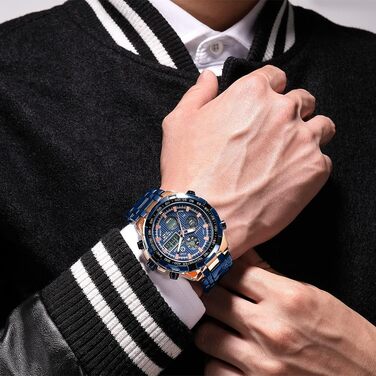 Чоловічий годинник з хронографом: сталевий, водонепроникний, з датою та будильником, аналогово-цифровий дисплей (рожеве золото/блакитний)