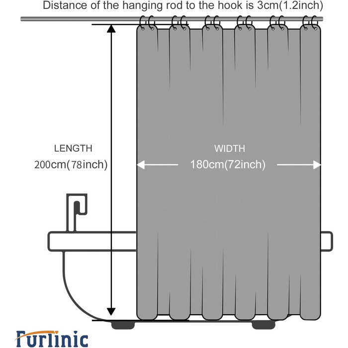 Штора для ванної Furlinic 180x200 см, темно-сіра, вафельний текстиль, водонепроникна, анти-грибок, з кільцями (1 шт)