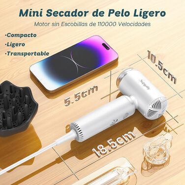 Подорожній фен з дифузором, легкий та компактний 1500W, Supgaliy Mini Іонний фен (290г, суперлегкий, 2 аксесуари для укладки, 4 температурні режими, 2 швидкості повітря)