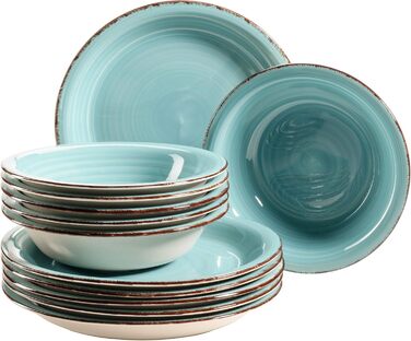 MÄSER Bel Tempo II Dinnerware Set for 6 People with a Modern Vintage Look, 12-Piece Tableware Service, Hand-Painted, Turquoise, Stoneware, 27 centimeters