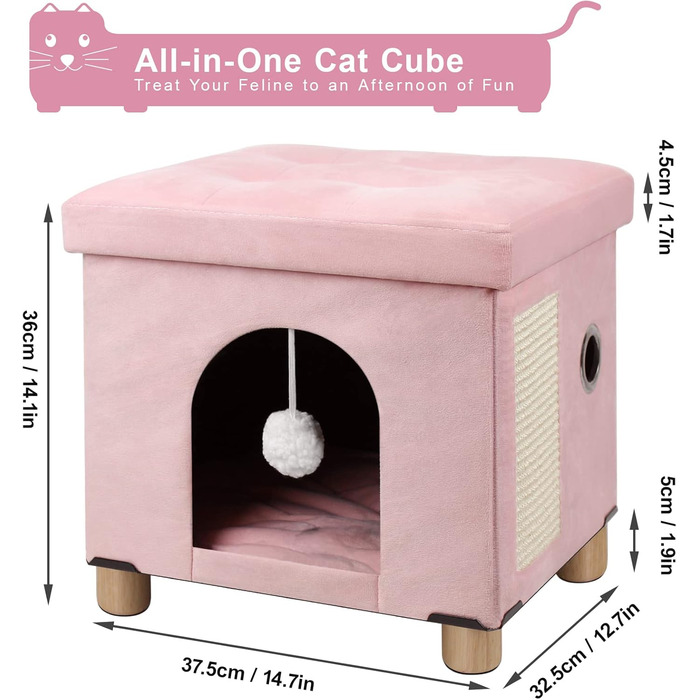BRIAN & DANY Foldable Cat Cave Large Cat, Cat House Cave for Cats with Scratch Board and Play Ball, Storage Ottoman Seat Stool Footstool with Wooden Feet 37.5 x 32.5 x 36 cm, (Pink)