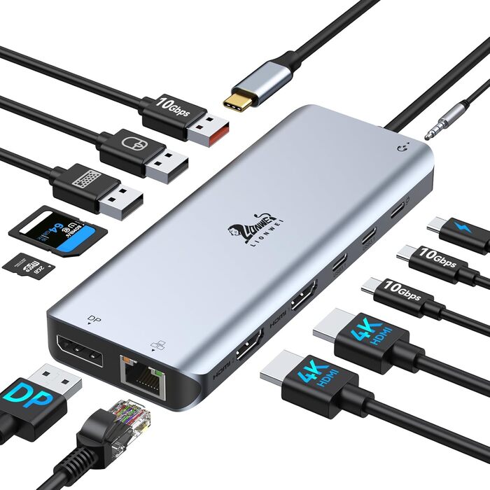 Док-станція USB-C 13-в-1 для ноутбука: 2 HDMI, DisplayPort, 100W PD, SD/TF, Ethernet, Audio/Mic (сірий)