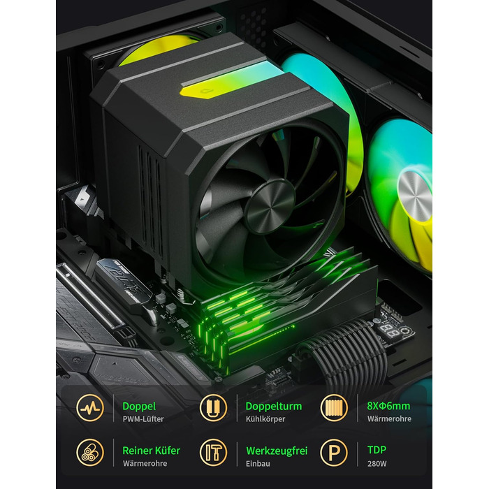 upHere Охолоджувач процесора up2KC8 з RGB підсвічуванням, подвійна вежа, 8 теплових трубок, 120мм вентилятор, сумісний з AMD AM4/AM5 та Intel 2011/2066