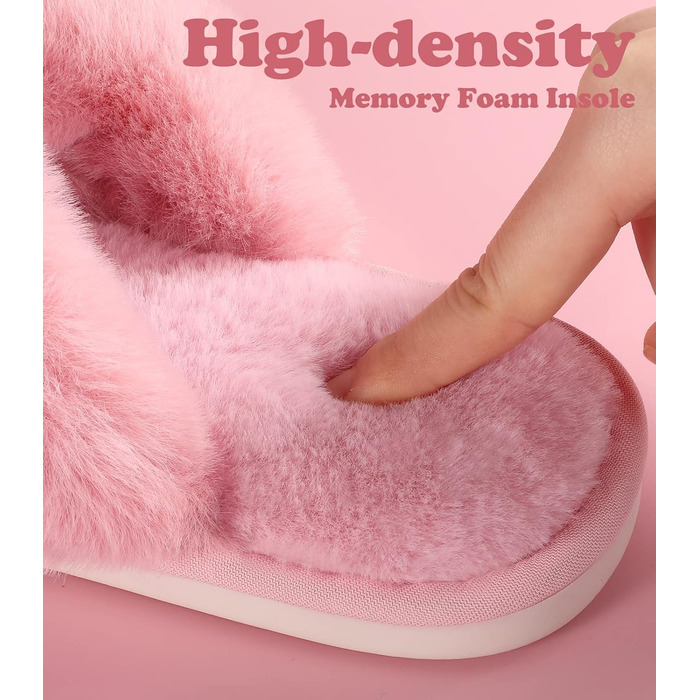 Тапочки жіночі Ankis з плюшу, теплі зимові, з перехресними ремінцями, з піною Memory, відкриті пальці, пухнасті, для дому та вулиці (білі, чорні, сірі, рожеві, верблюжі), 38/39 EU, рожеві