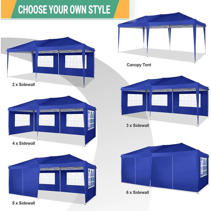 COBIZI Pop-up Pavilion 3x3, Folding Pavilion 3x3 Waterproof, Stable, Winter-proof |8x Pegs|4x Wind Rope|UV Protection 50+|High-Density Tarpaulin| Pavilion Foldable 3x3m Party Tent Folding Pavilion 3x3 Garden Pavilion (Navy Blue, 3x6m with 6 Side Walls)